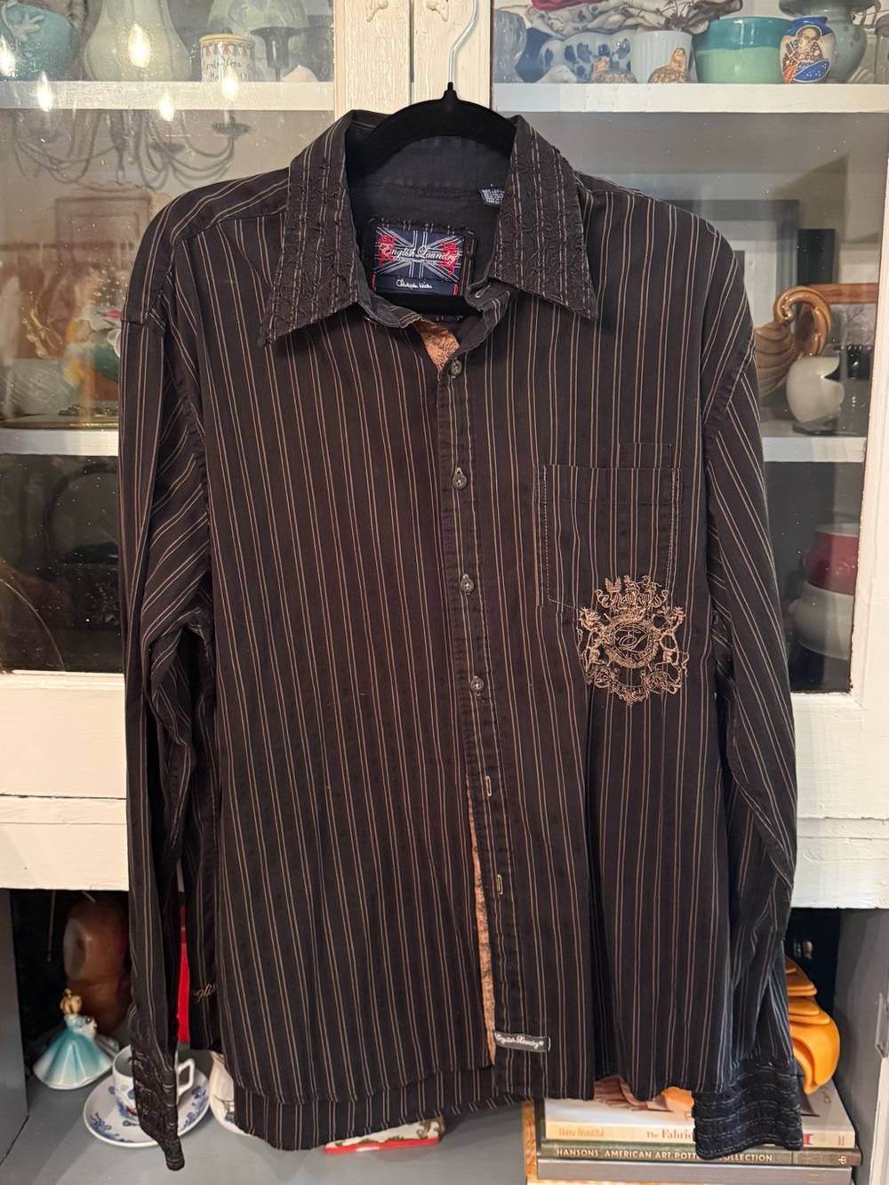 English Laundry Men’s Black Pinstripe Button-Down Shirt with Tan Embroidery